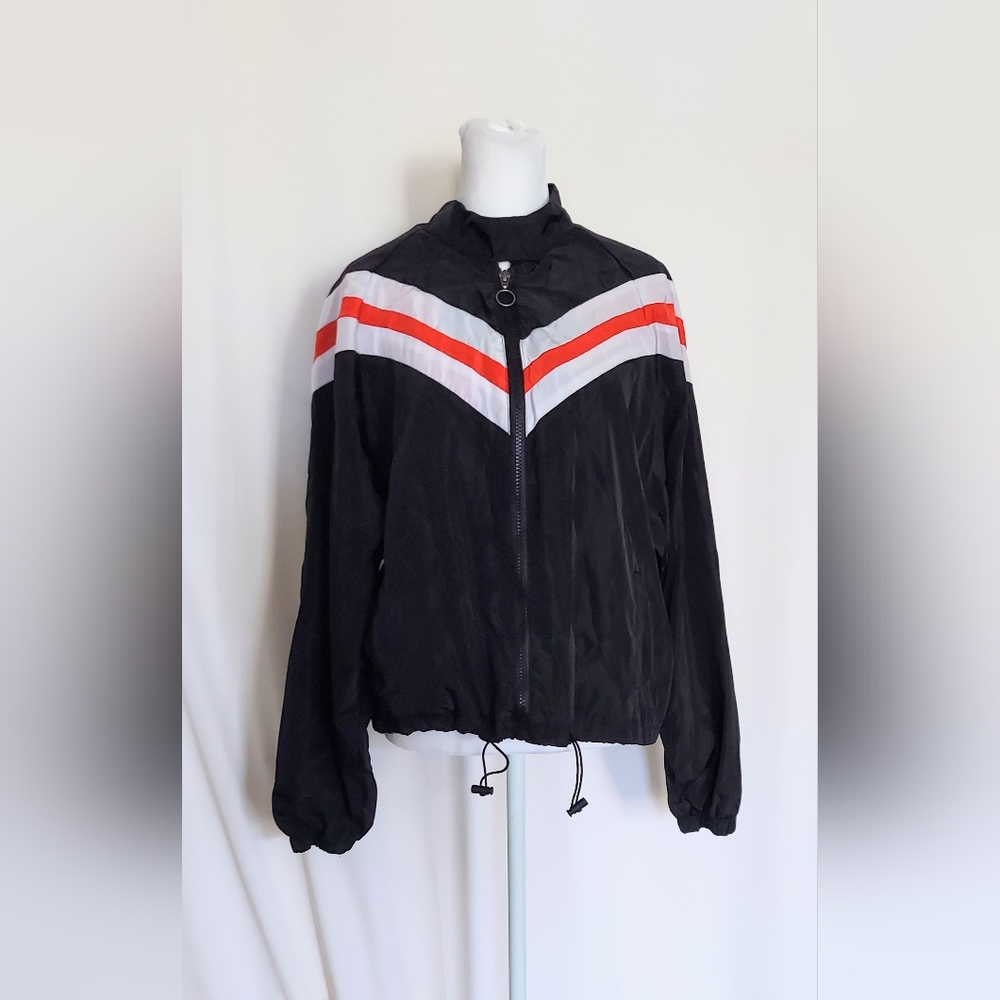 Charlotte Russe Sport Track Full Zip Cropped Windbreaker Jacket Black Red Large